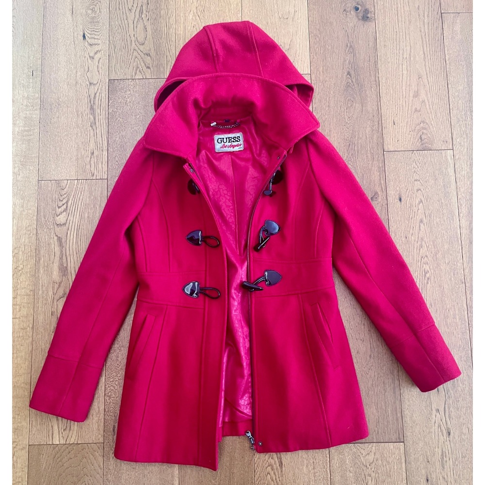 GUESS Los Angeles Red Wool Blend Hooded Toggle Duffle Coat M Rouge Zip Jacket